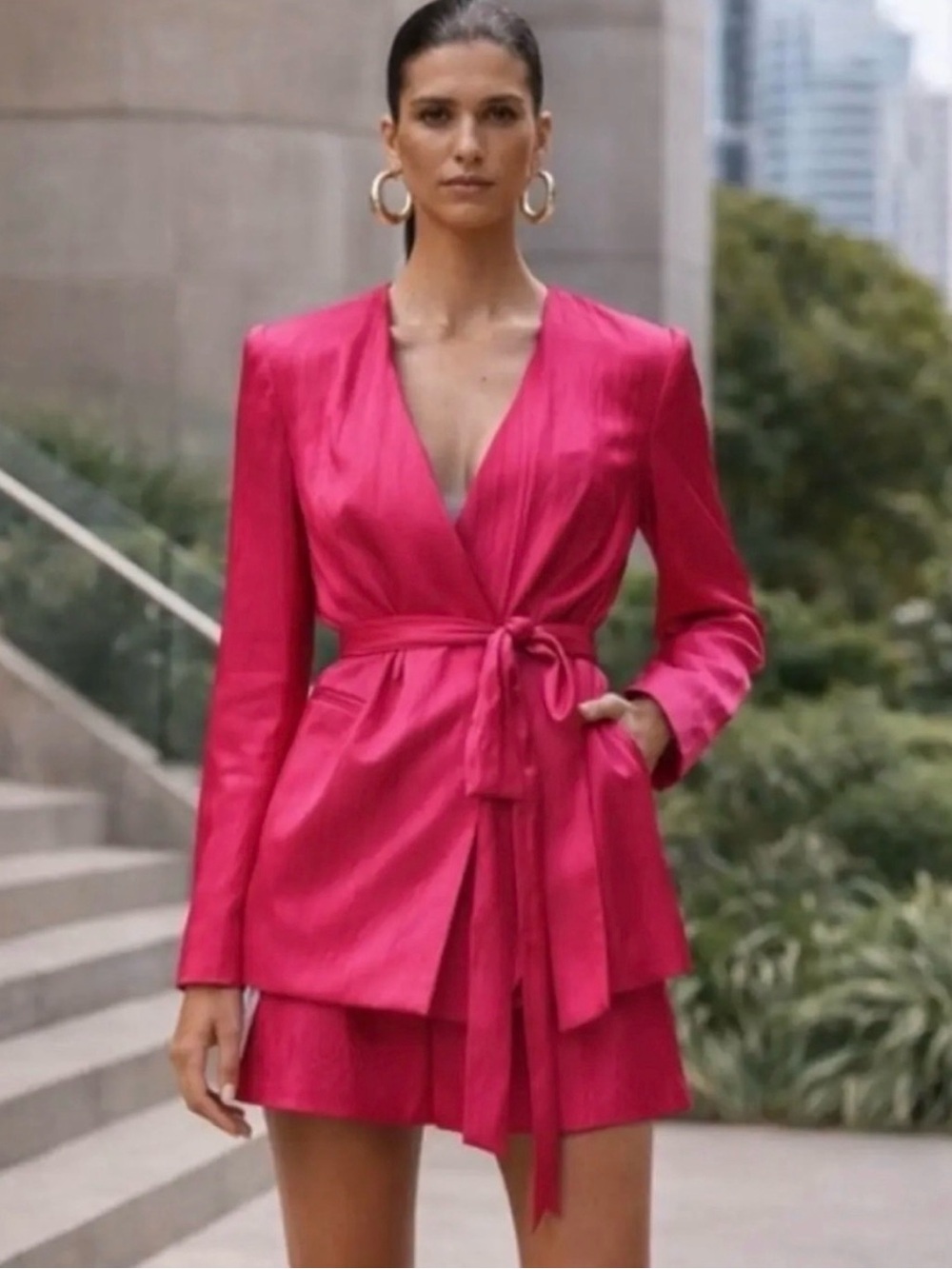 Zara Fuchsia Satin-Lined Belted Blazer Size Small NWT